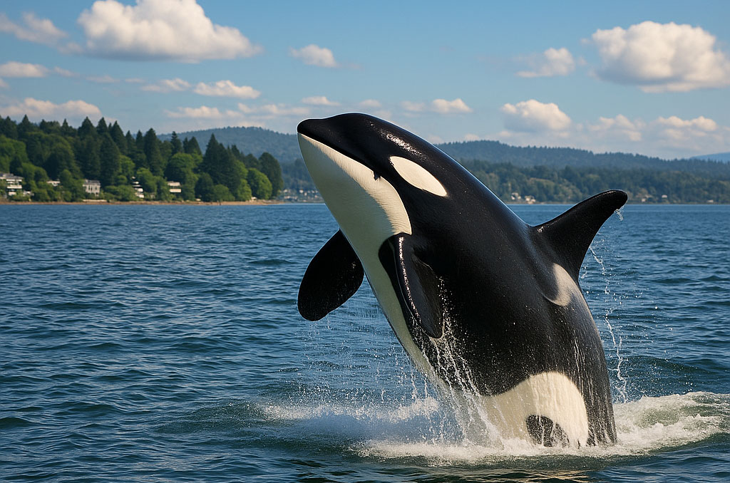 Orca pod breaching in Puget Sound