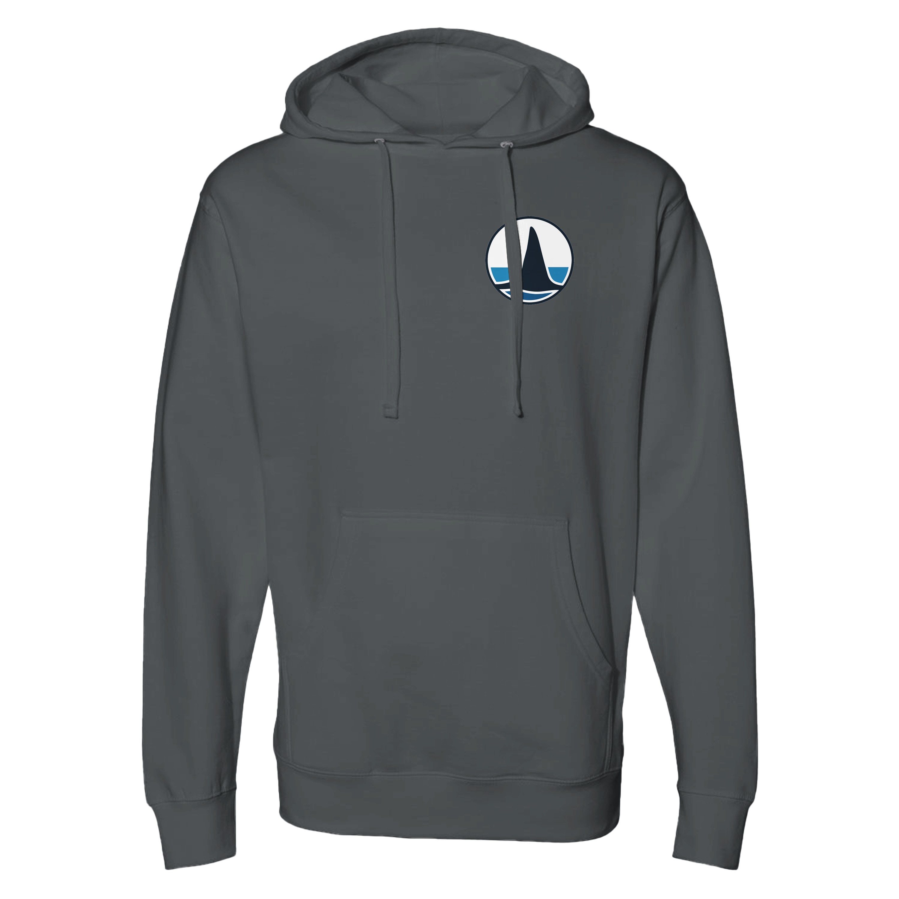Navy Pod Hoodie with the Church of Orca crest over the heart